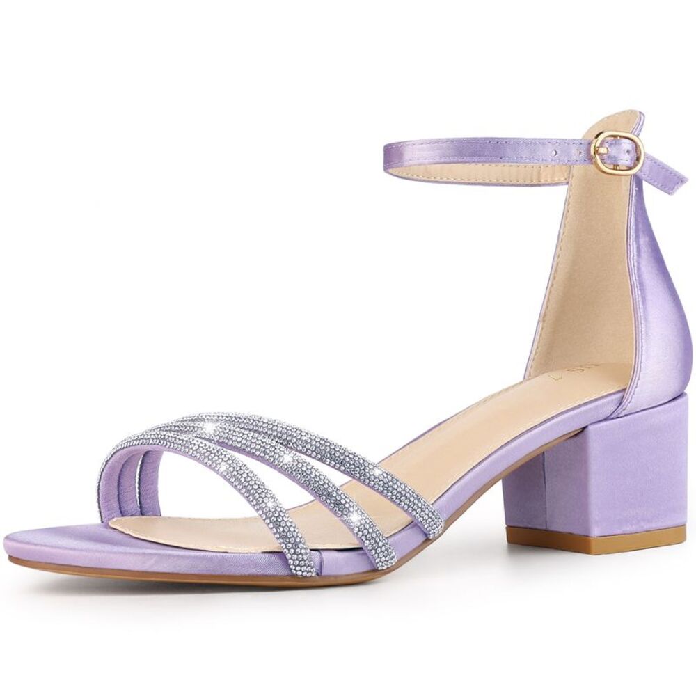 Satin Rhinestones Open Toe Chunky Heel Sandals for Women Purple